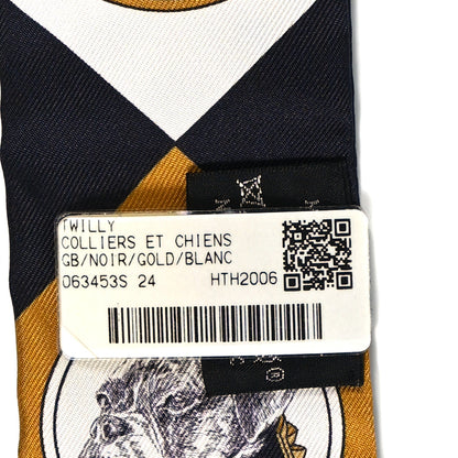 Hermes Silk Colliers Et Chiens Twilly Black Gold White 3 of 4