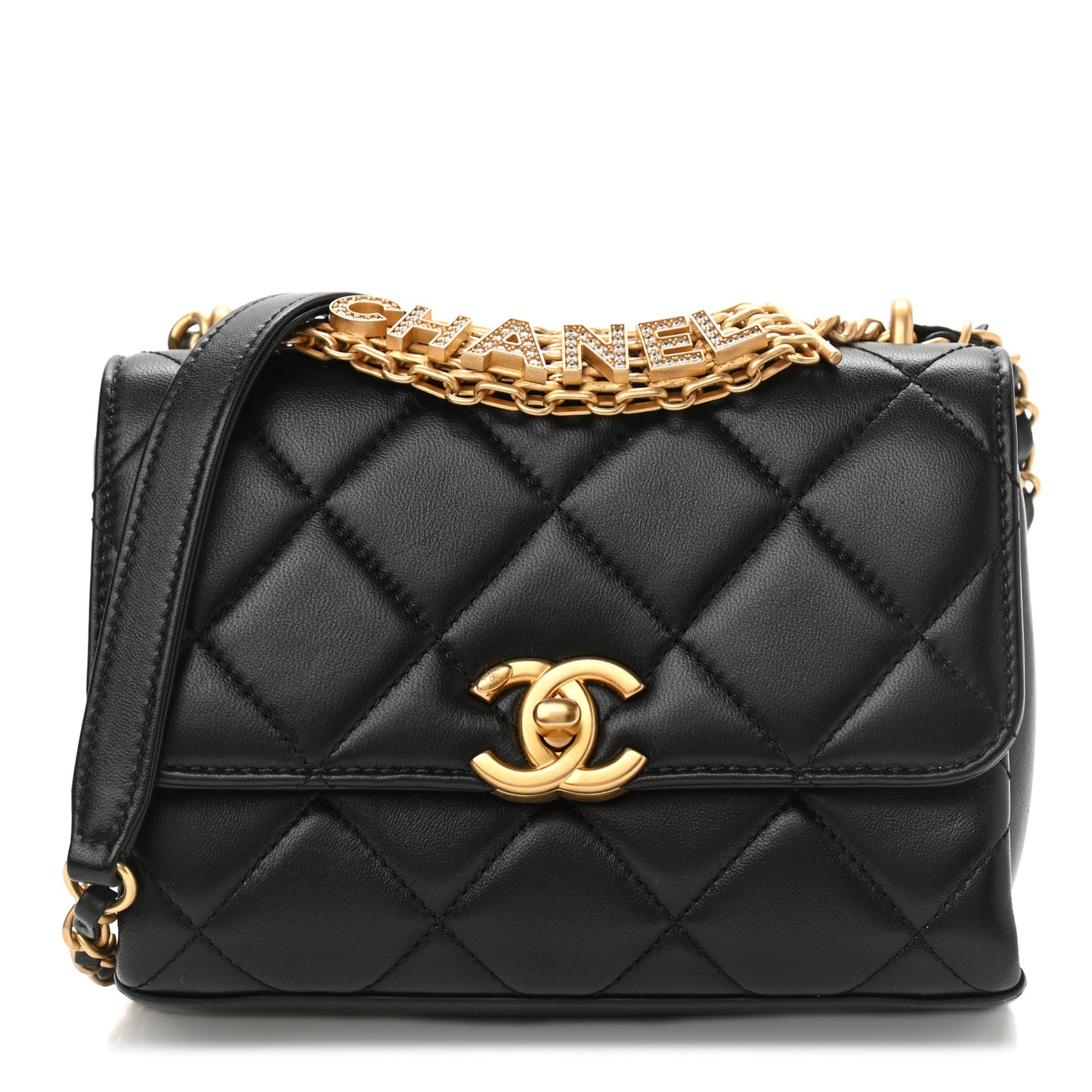Lambskin Quilted Mini CC Crystal Logo Chain Flap Black