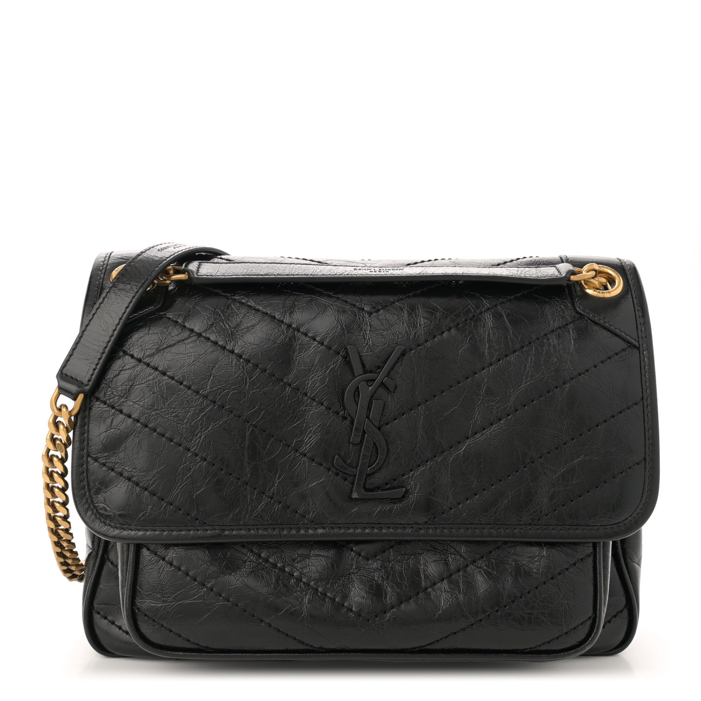 Crinkled Calfskin Matelasse Monogram Medium Niki Chain Satchel Black