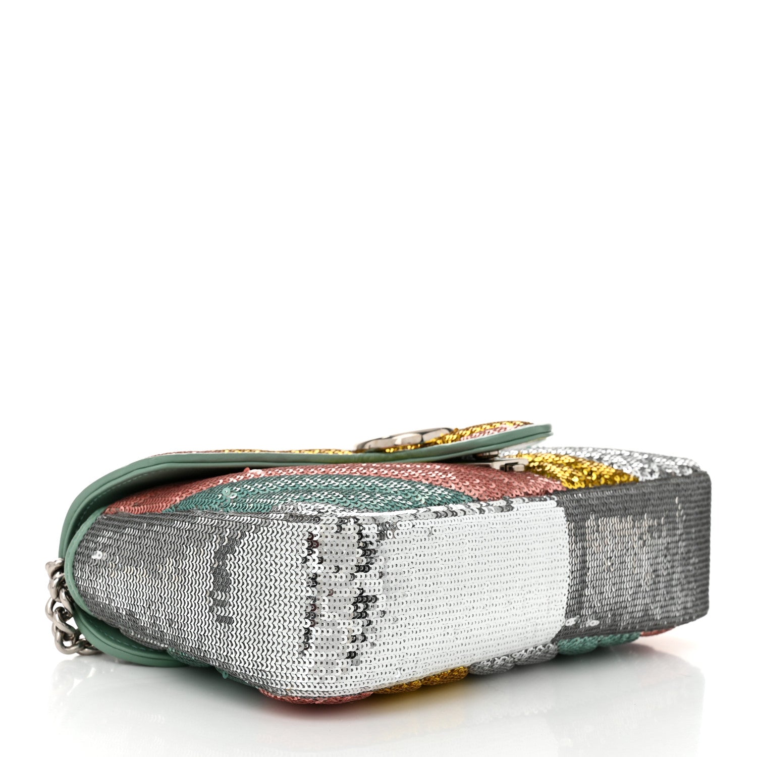 Gucci Sequin Satin Calfskin Matelasse Diagonal Small GG Marmont Shoulder Bag  Grigio Argento Verde Chiaro Rosa Giallo Light Water Green 4 of 10