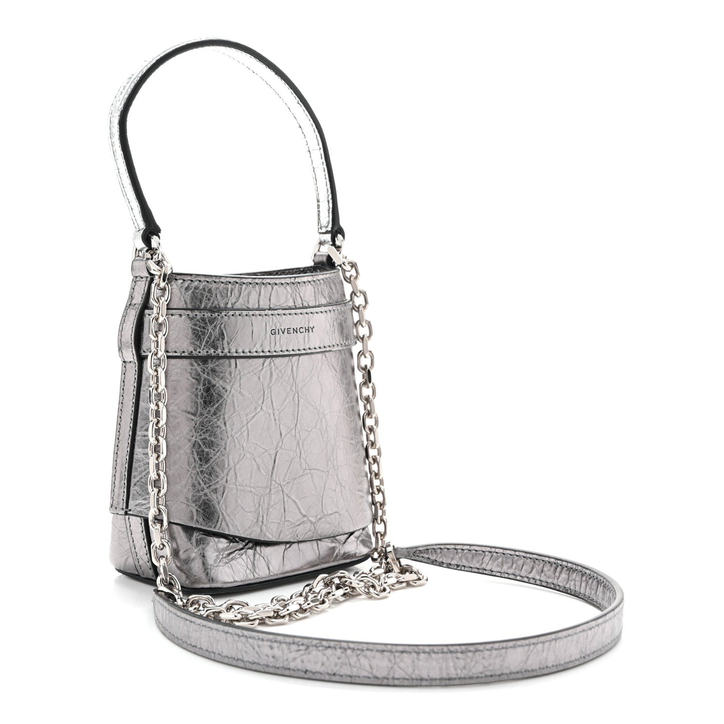 Laminated Lambskin Micro Shark Lock Bucket Bag Silvery Grey