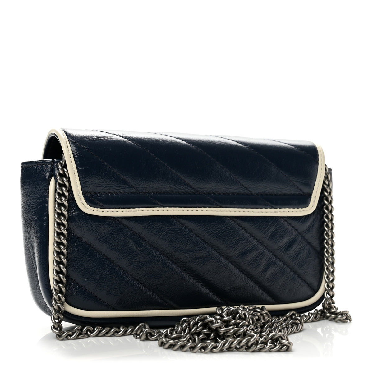 Vintage Effect Calfskin Matelasse Diagonal Super Mini Torchon GG Marmont Shoulder Bag Blue Agata Mystic White