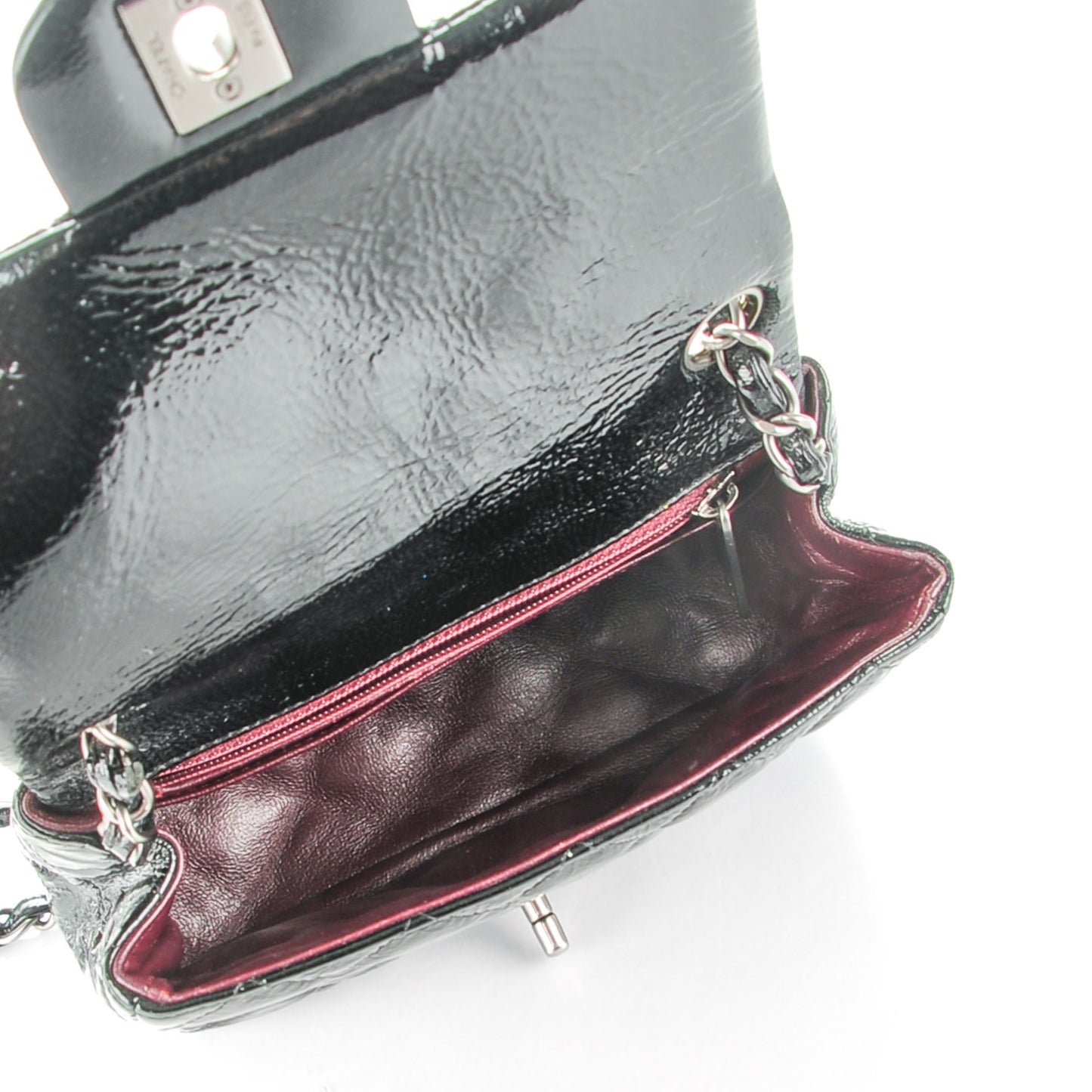 Distressed Patent Calfskin Quilted Mini Square Flap Black