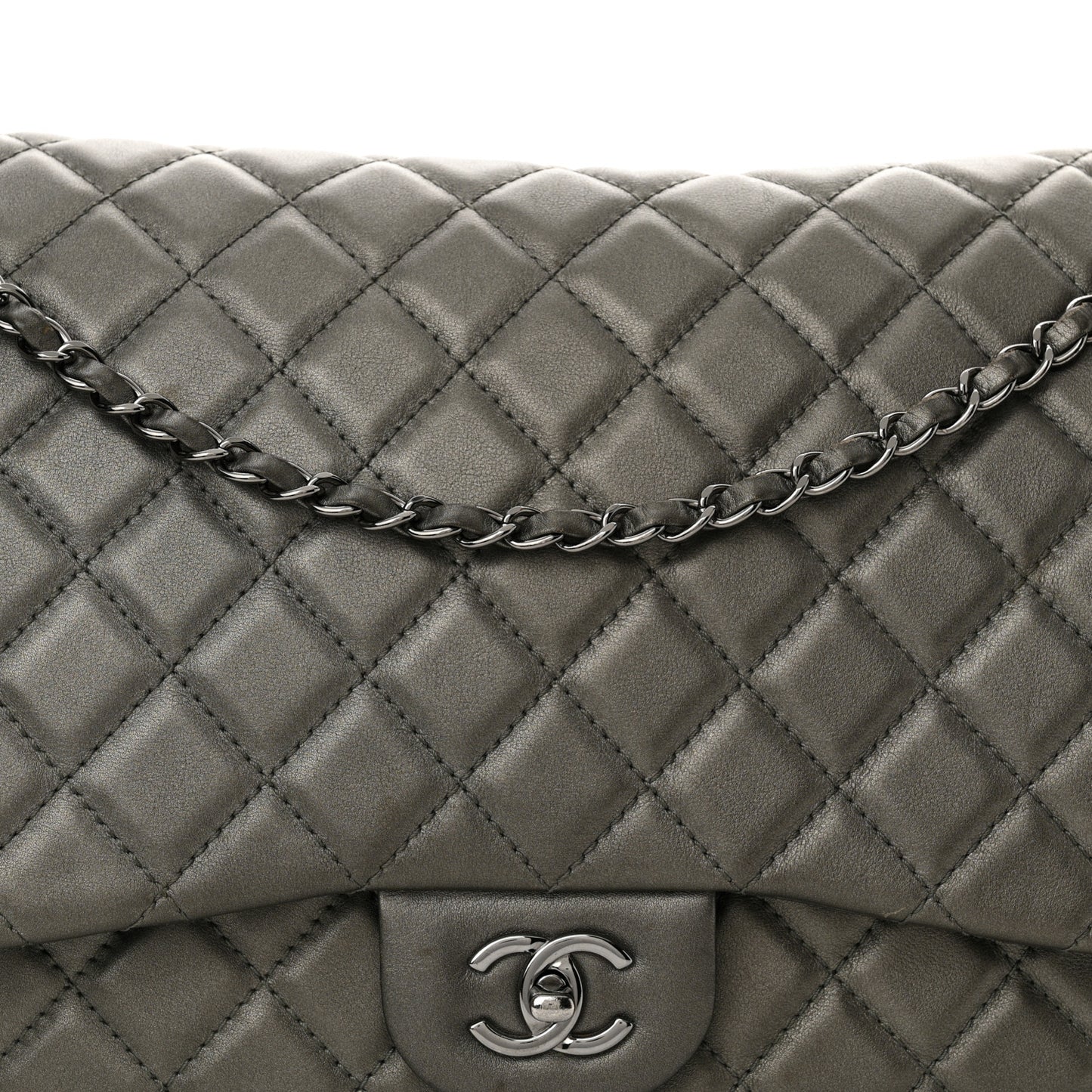 Metallic Calfskin Quilted Small XXL Travel Flap Bag Dark Silver