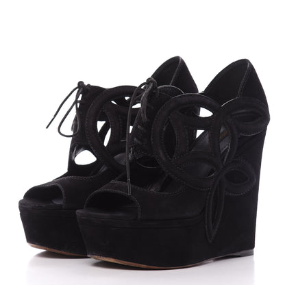 Louis Vuitton Suede Cutout Wedge Sandals 37 Black 3 of 8