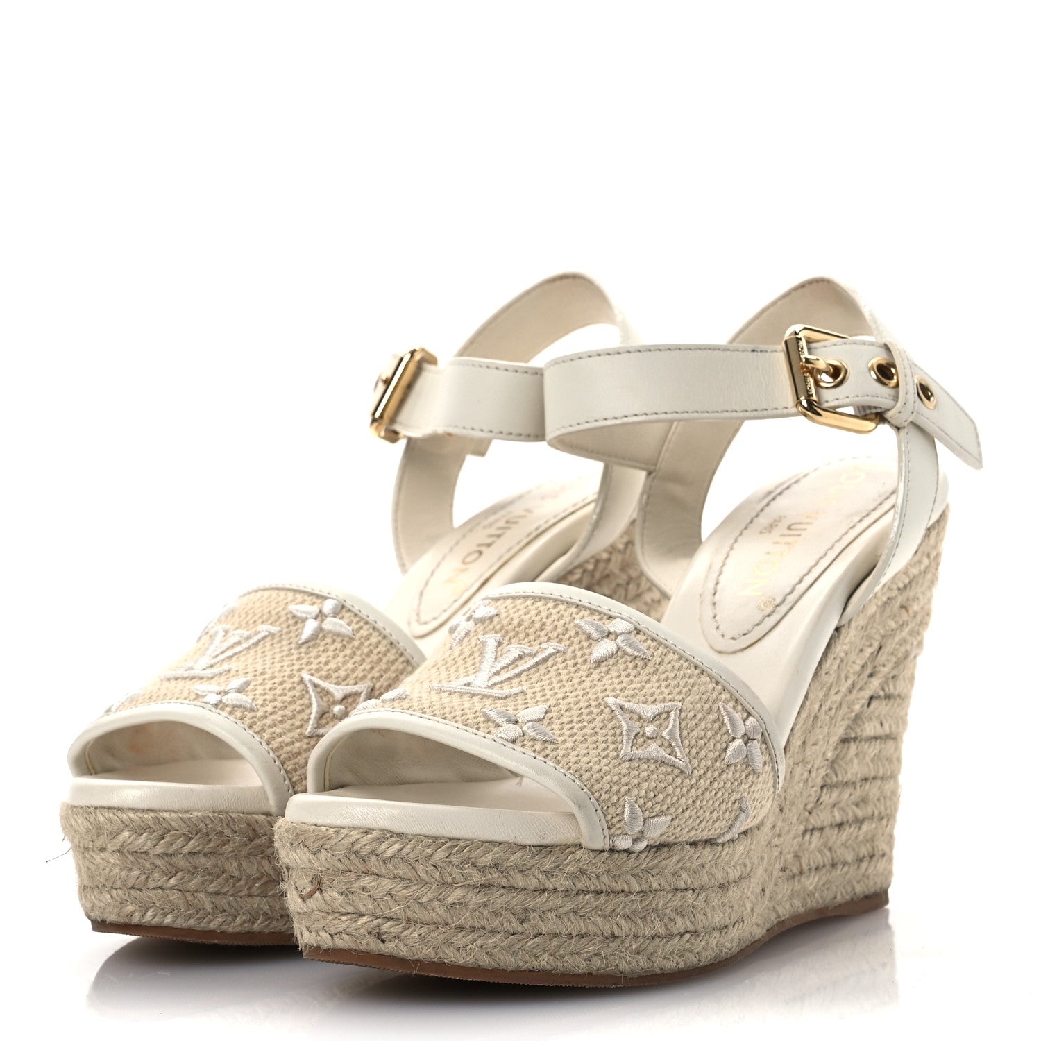 Louis Vuitton Canvas Monogram Starboard Espadrille Wedge Sandals 37.5 Beige White 37.5 Beige White 4 of 13