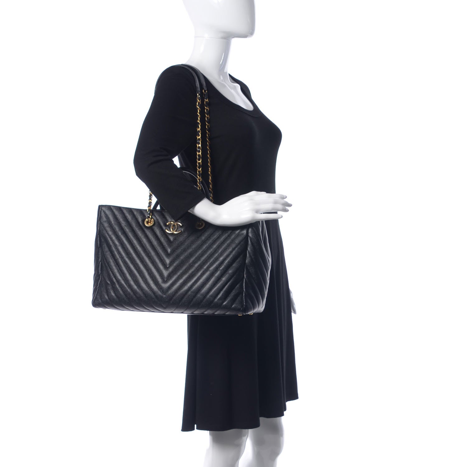 Chanel Caviar Chevron Quilted Coco Handle Shopping Tote Black 2 of 13