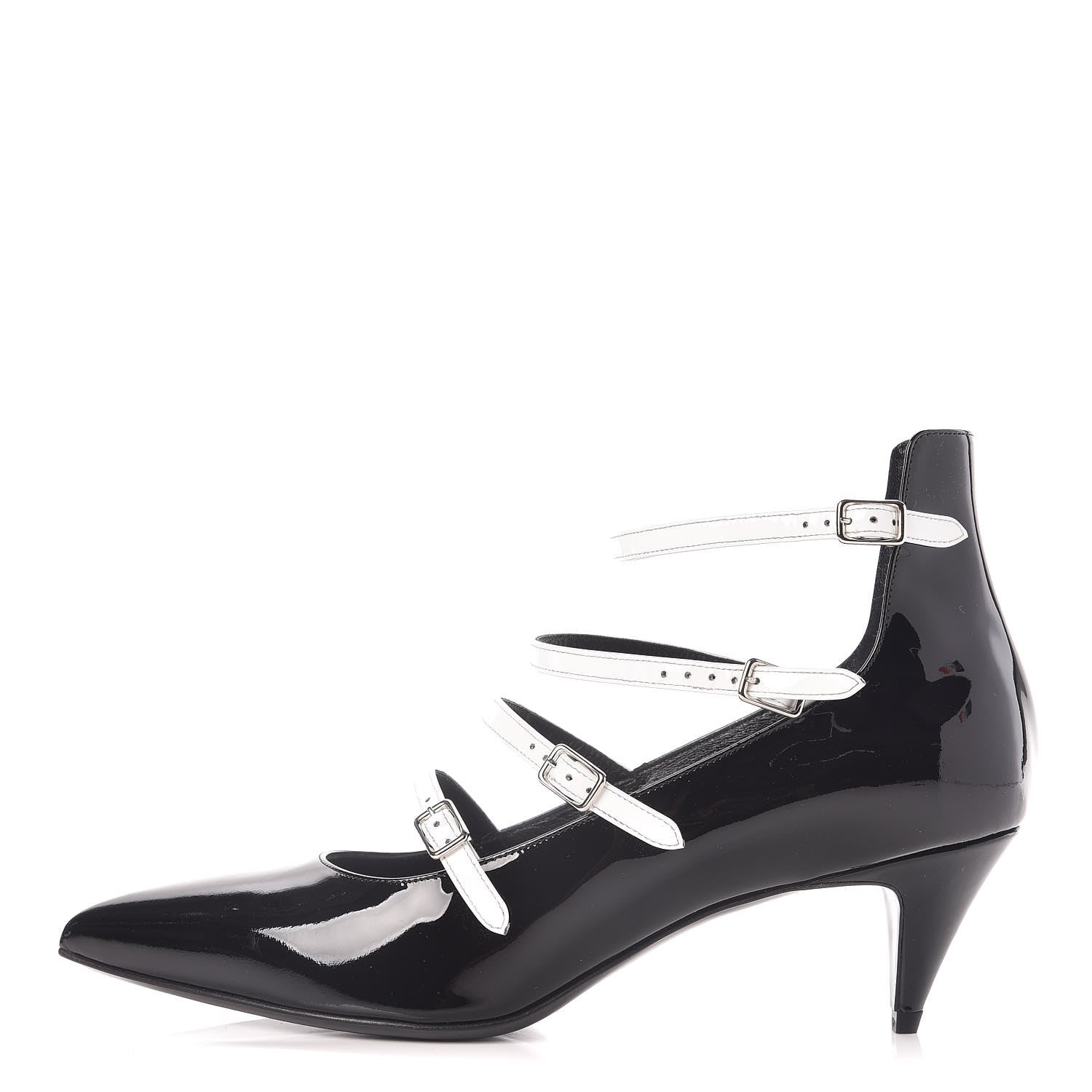 Saint Laurent Vitello Vernice Kitten 50 Strap Pumps 40 Black White Optique 1 of 9