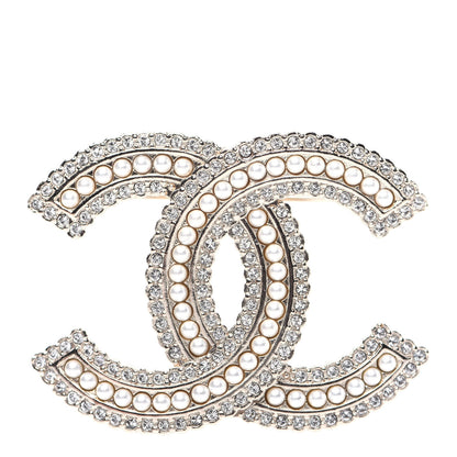 Chanel Pearl Crystal Lace Camellia CC Brooch Gold 1 of 8