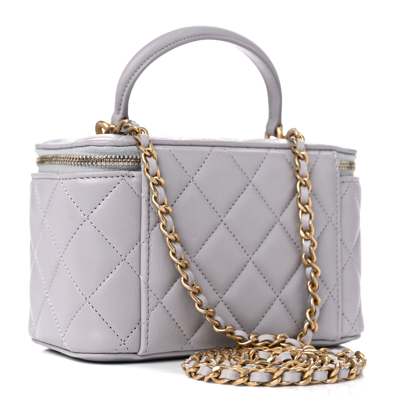 Lambskin Quilted Small Top Handle Vanity Case With Chain Grey