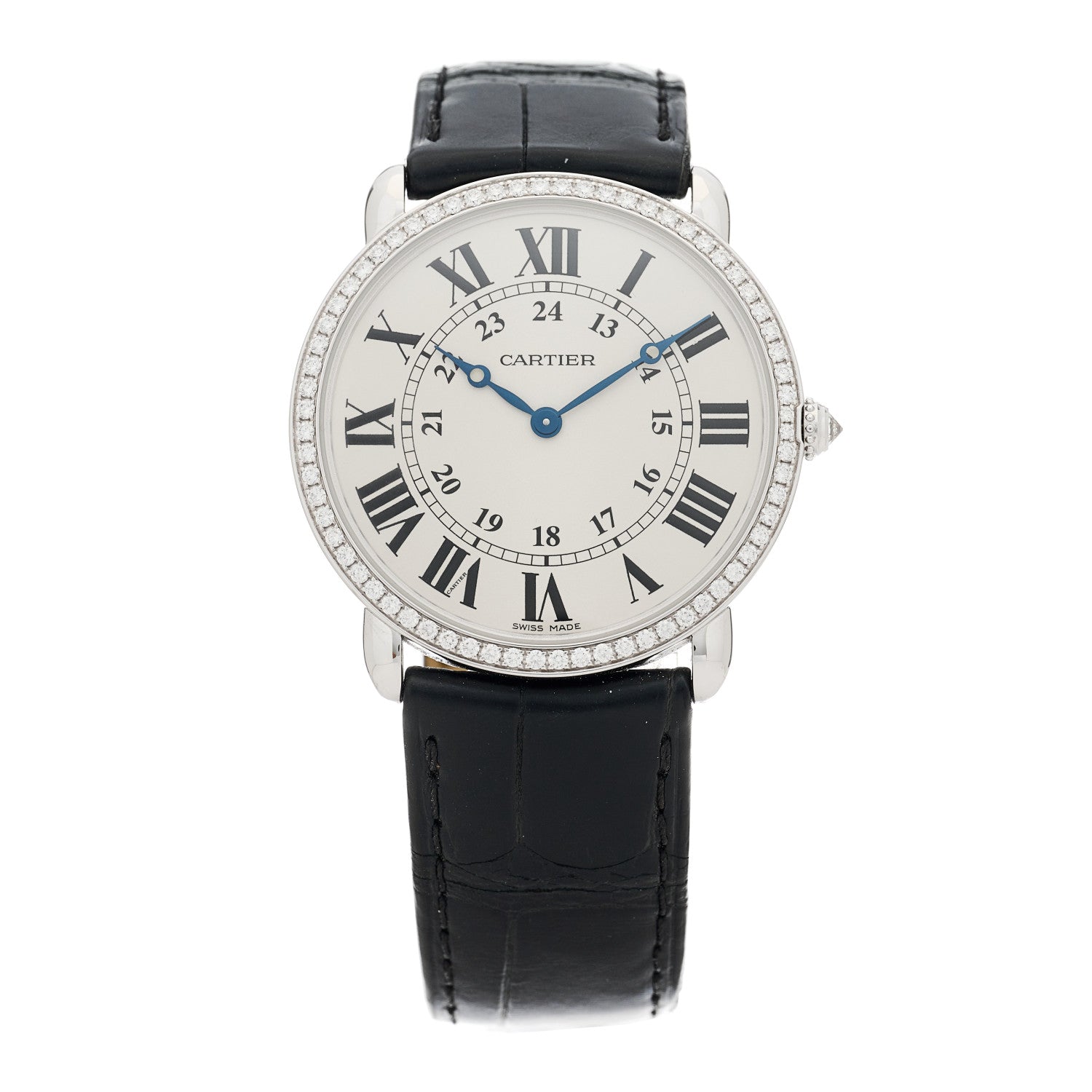 Cartier 18K White Gold Alligator Diamond Bezel 36mm Ronde Louis Manual Winding Watch 1 of 4