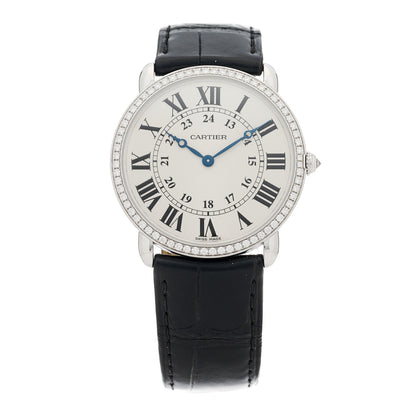 Cartier 18K White Gold Alligator Diamond Bezel 36mm Ronde Louis Manual Winding Watch 1 of 4
