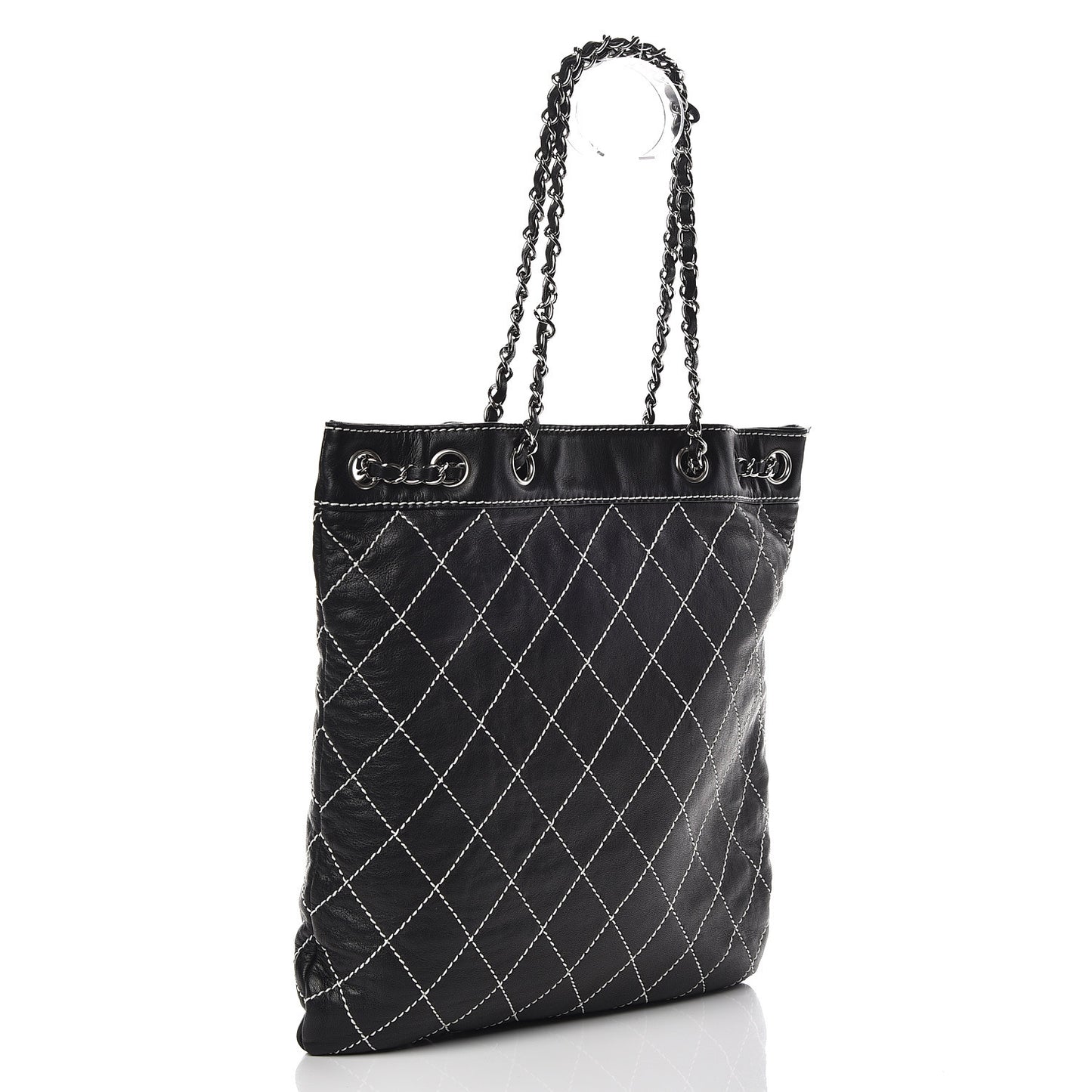 Lambskin Contrast Stitch Shoulder Bag Black