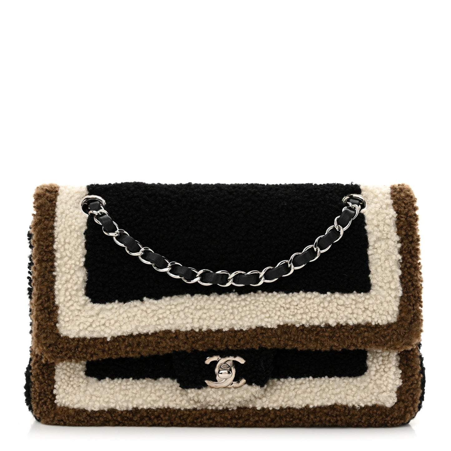 Lambskin Shearling Medium Double Flap Black Brown