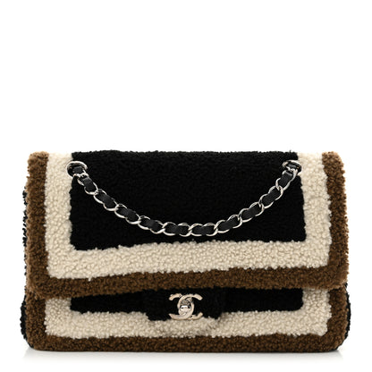 Chanel Lambskin Shearling Medium Double Flap Black Brown 1 of 13