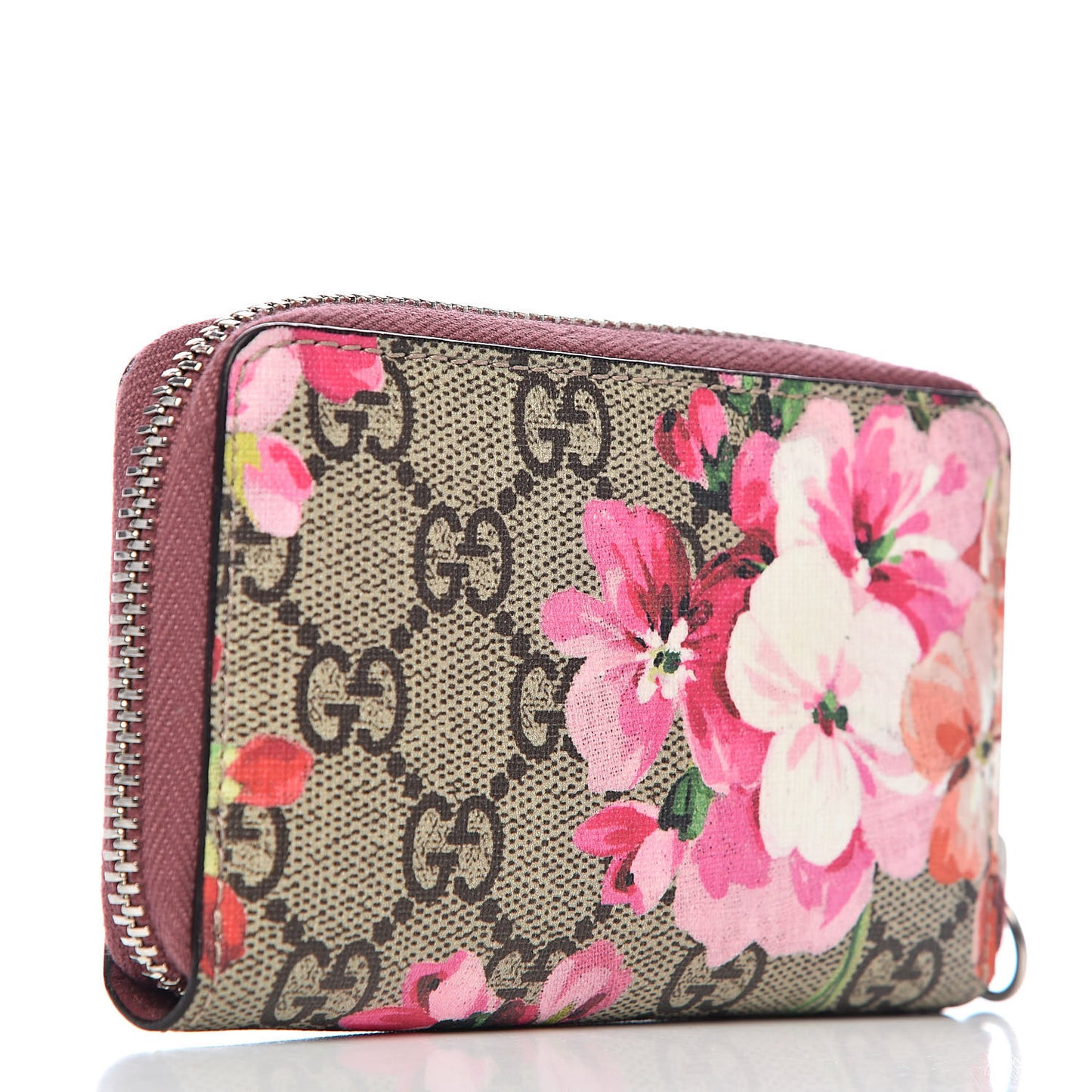 GG Supreme Monogram Blooms Zip Around Card Case Wallet Beige Multicolor Dry Rose