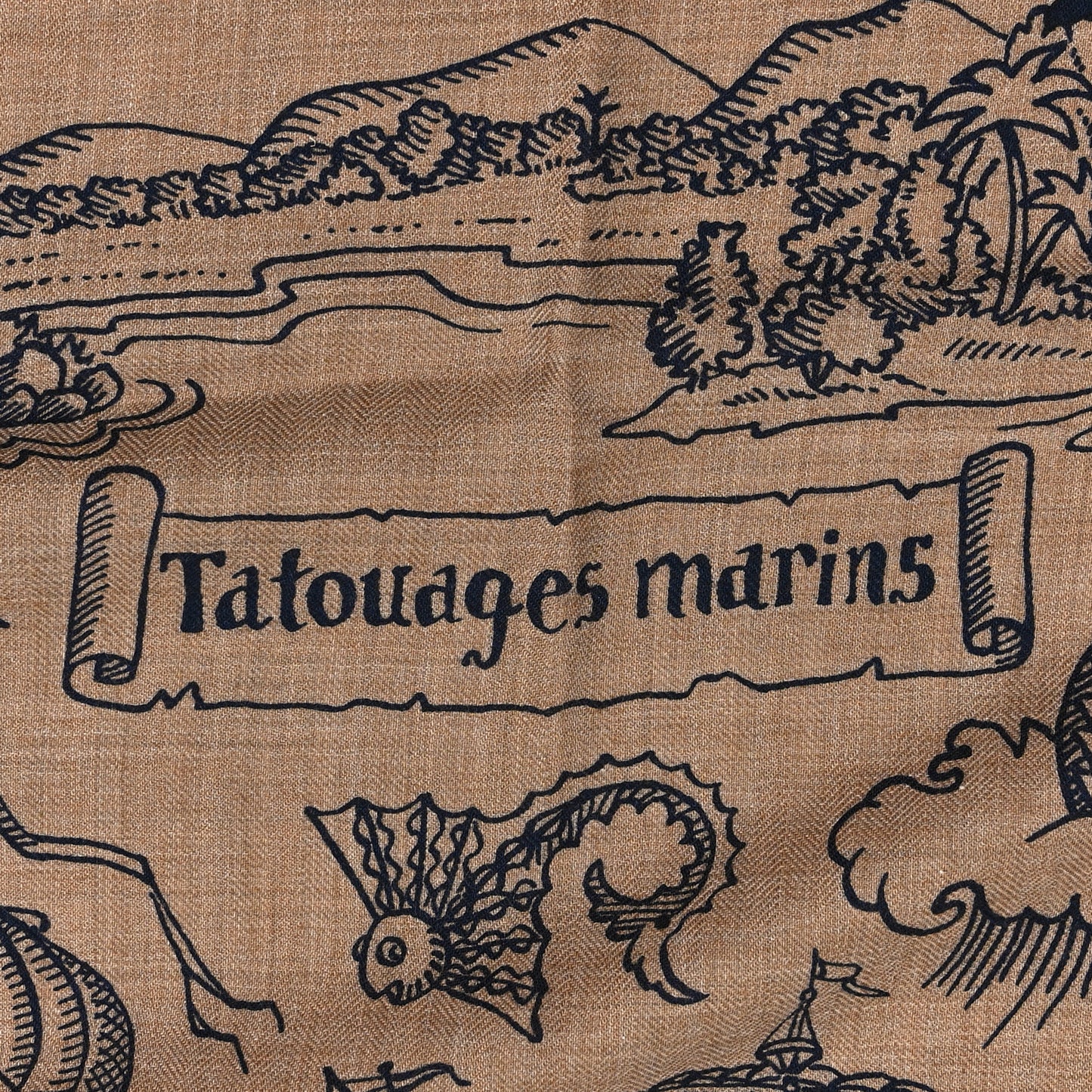 Cashmere Silk Tatouages Marins Bandana Shawl 140 Caramel Marine
