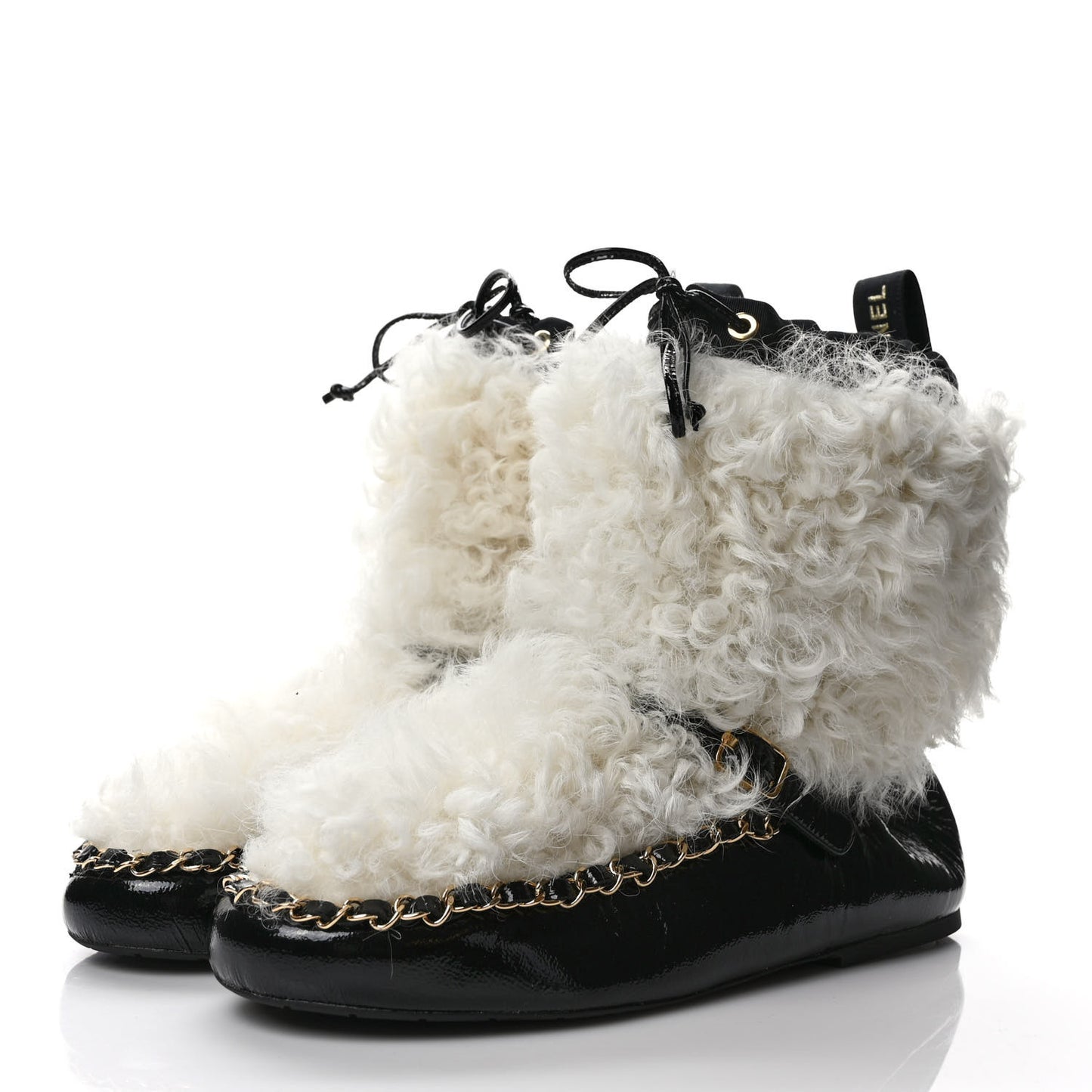 Patent Shearling Chain Boots 37.5 Black White