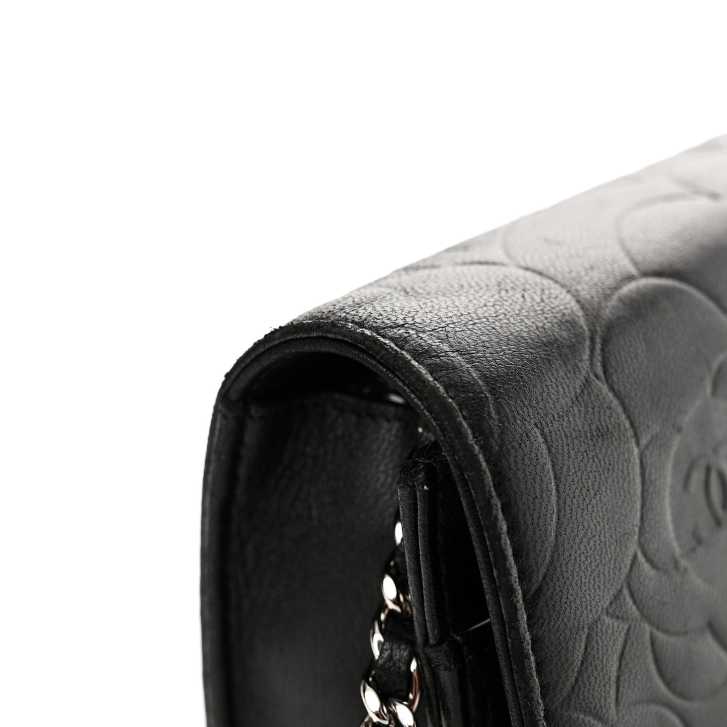 Lambskin Camellia Embossed Wallet on Chain WOC Black