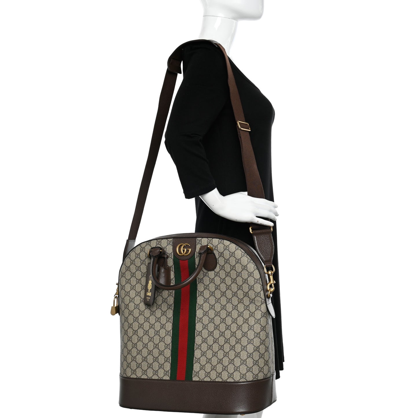 GG Supreme Monogram Textured Dollar Calfskin Web Small Ophidia Savoy Bowling Tote Beige Ebony New Acero