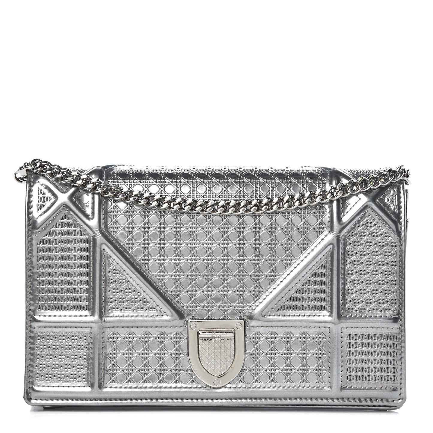 Metallic Patent Micro-Cannage Diorama Wallet on Chain Pouch Silver