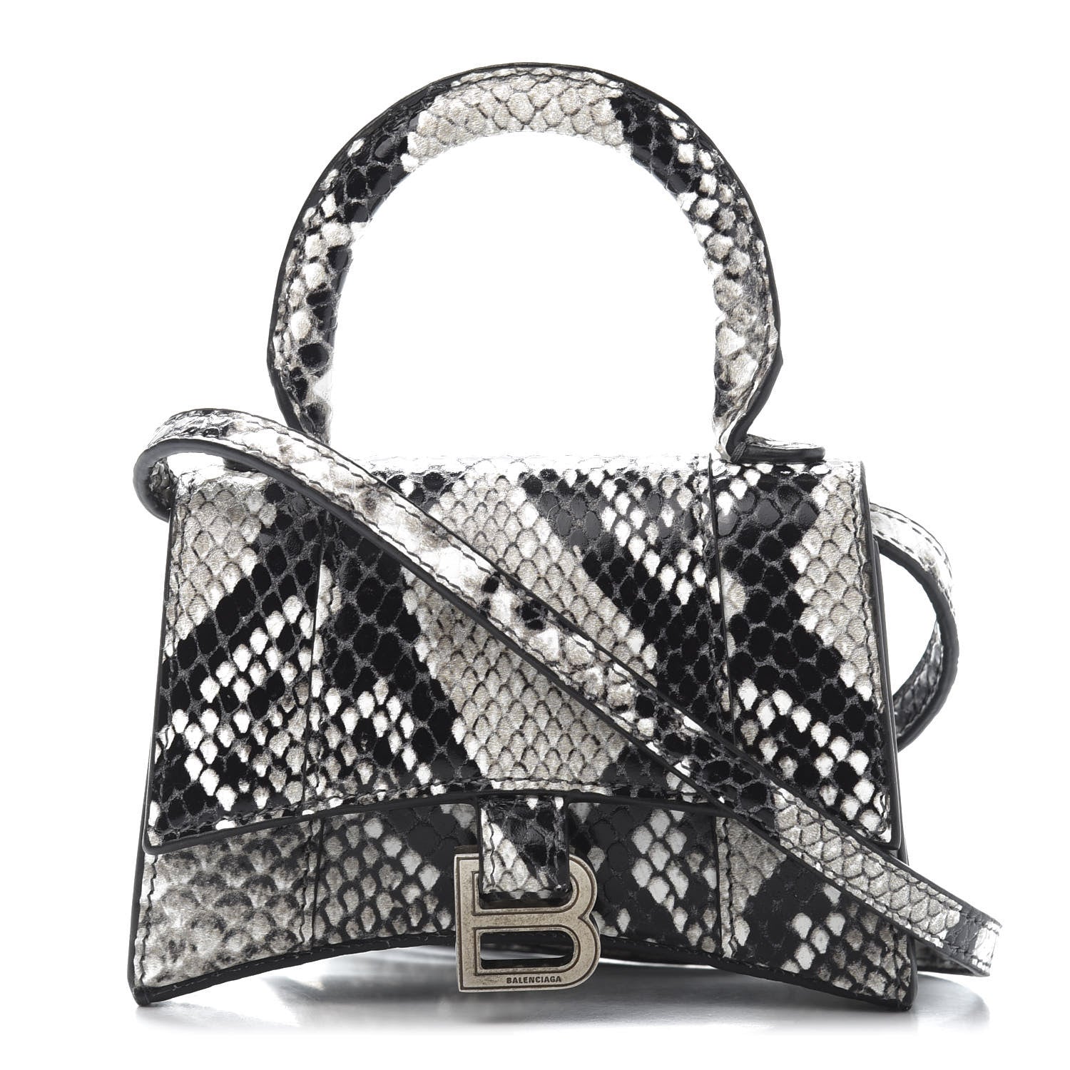 Balenciaga Shiny Calfskin Python Effect Hourglass Top Handle Bag Mini Black White 1 of 10
