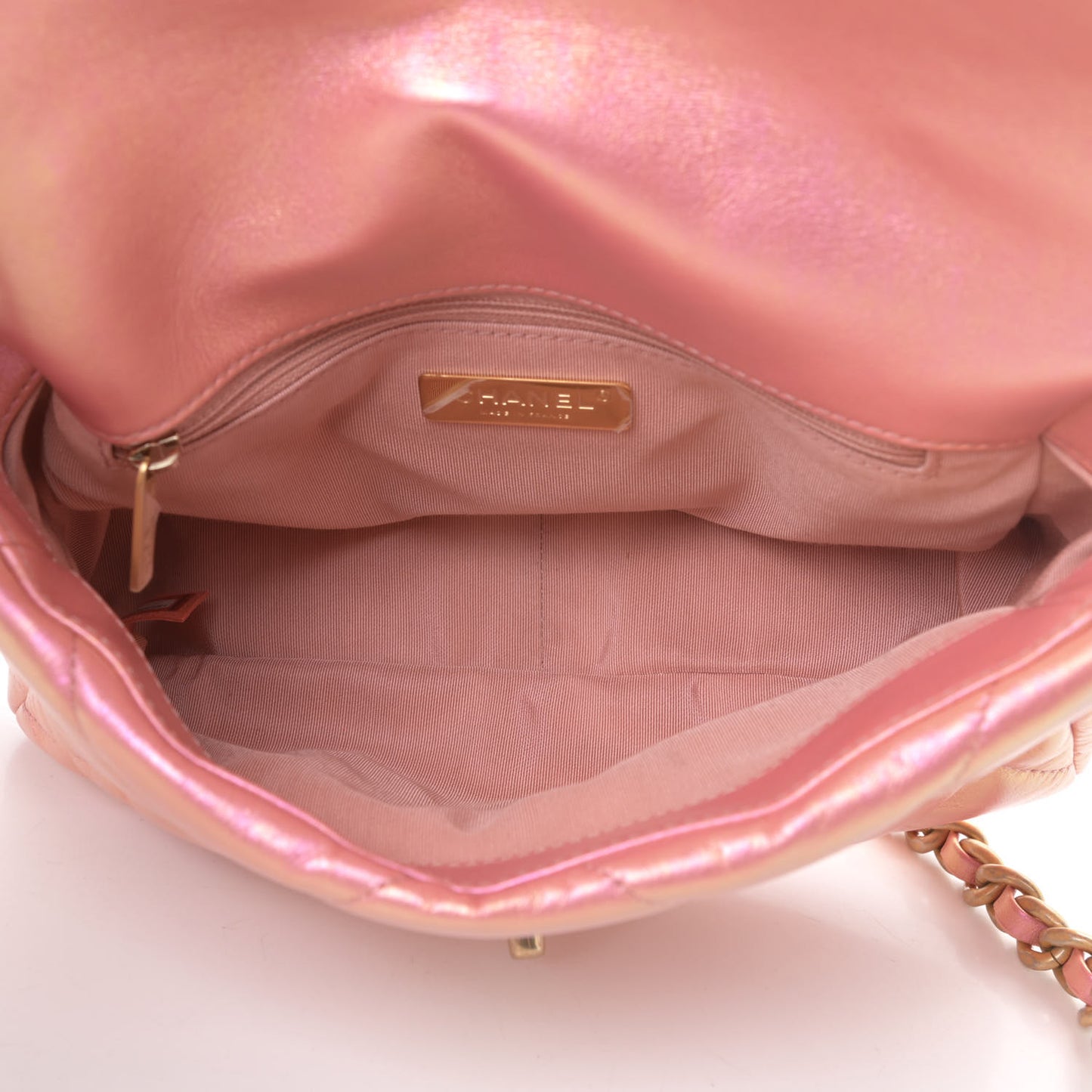 Iridescent Calfskin Quilted Medium Chanel 19 Flap Pink
