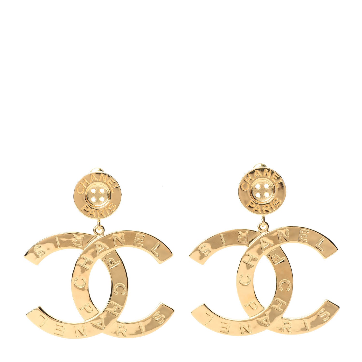 Chanel Metal Large Paris Button Earrings Gold 1 of 5