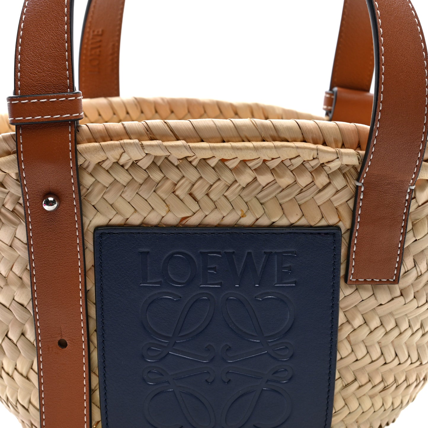 Raffia Small Basket Tote Bag Natural Tan Navy