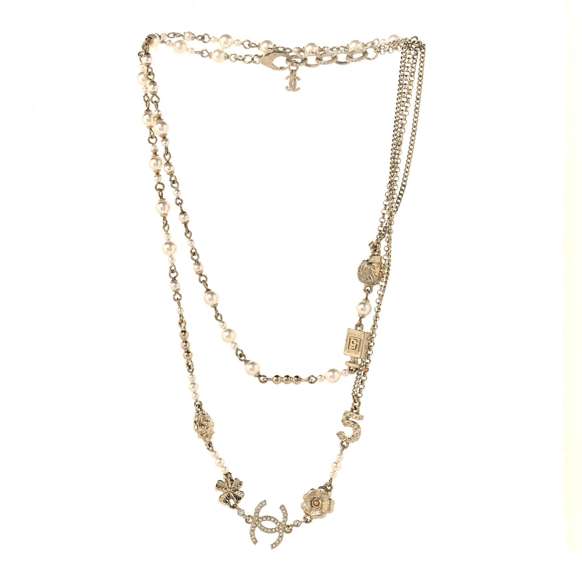 Chanel Pearl Crystal Graduated CC No.5 Perfume Bottle Flower Long Necklace Gold White 3 of 5