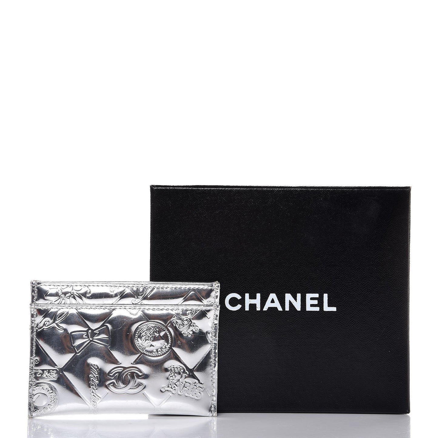 Patent Calfskin Lucky Symbols Card Holder Case Silver