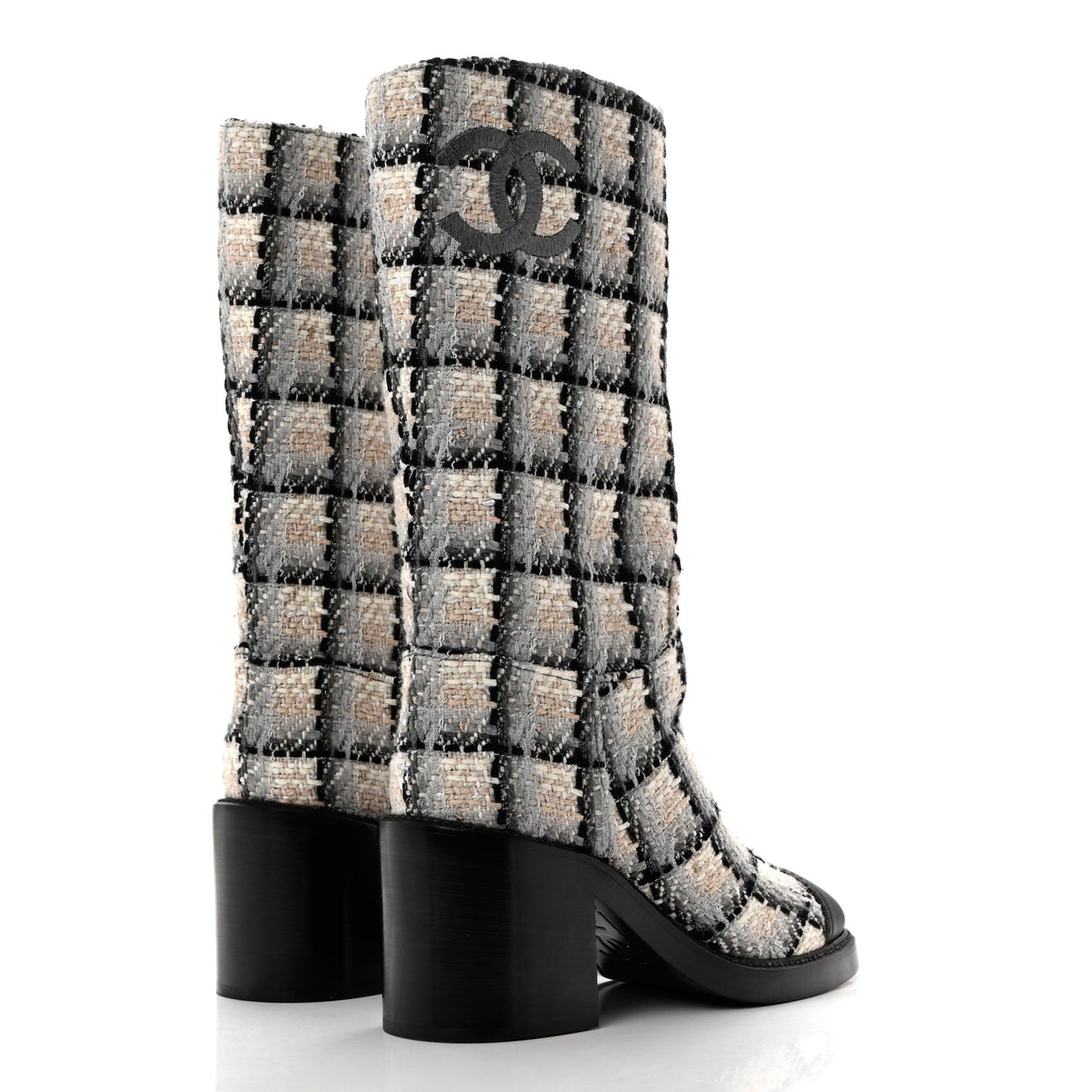 Wool Tweed Calfskin Cap Toe High Boots 39 Black Ivory Beige Grey