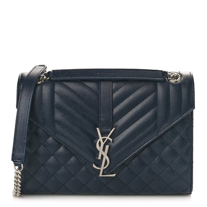Saint Laurent Grain De Poudre Textured Mixed Matelasse Triquilt Medium Monogram Satchel Deep Marine 1 of 8
