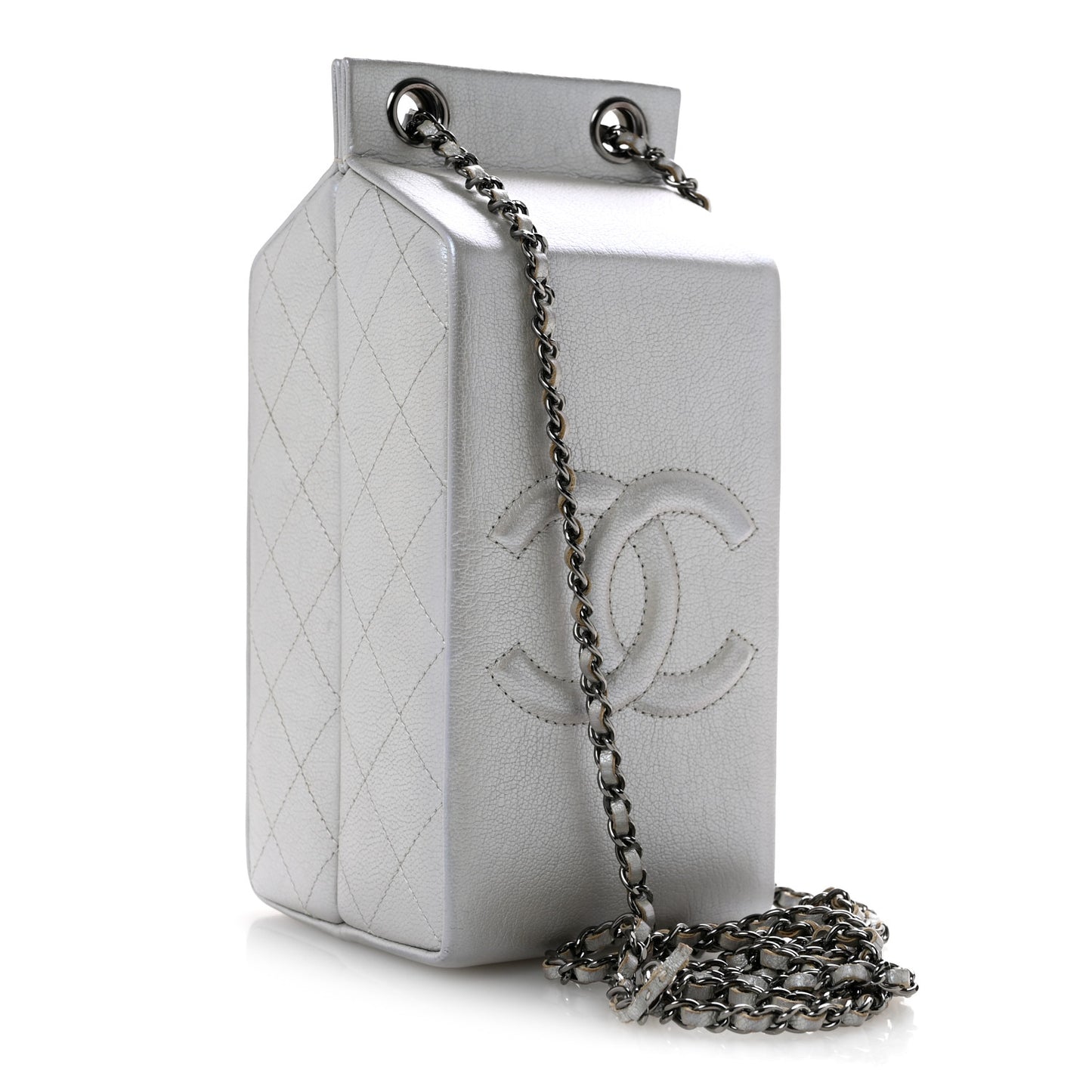Metallic Goatskin Lait de Coco Milk Carton Bag Silver