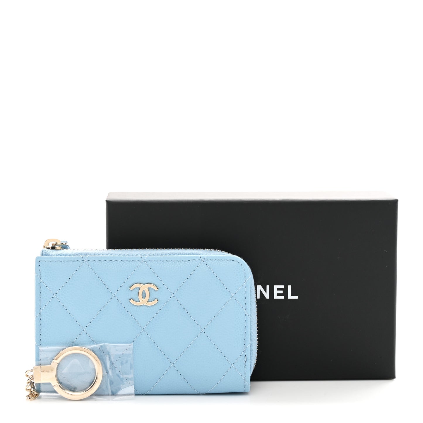 Caviar Quilted Zipped Key Holder Case Light Blue