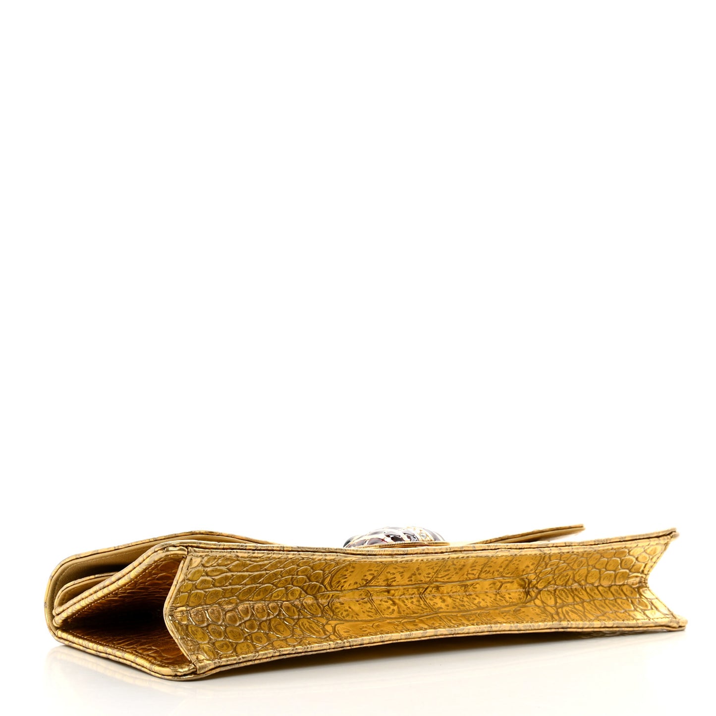 Metallic Calfskin Crocodile Embossed Cocodile Clutch Gold