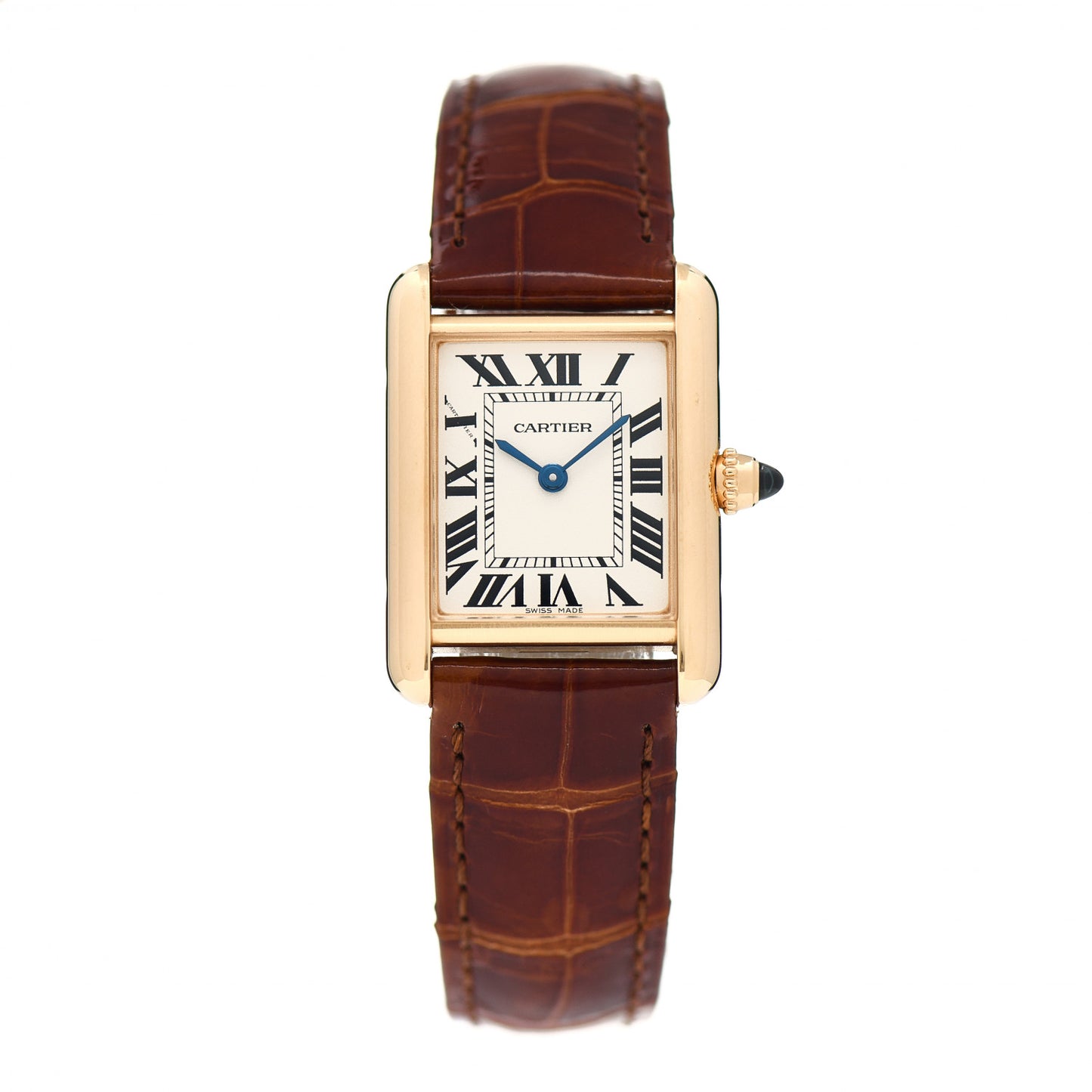 18K Yellow Gold Alligator 22mm Tank Louis Quartz Watch Brown