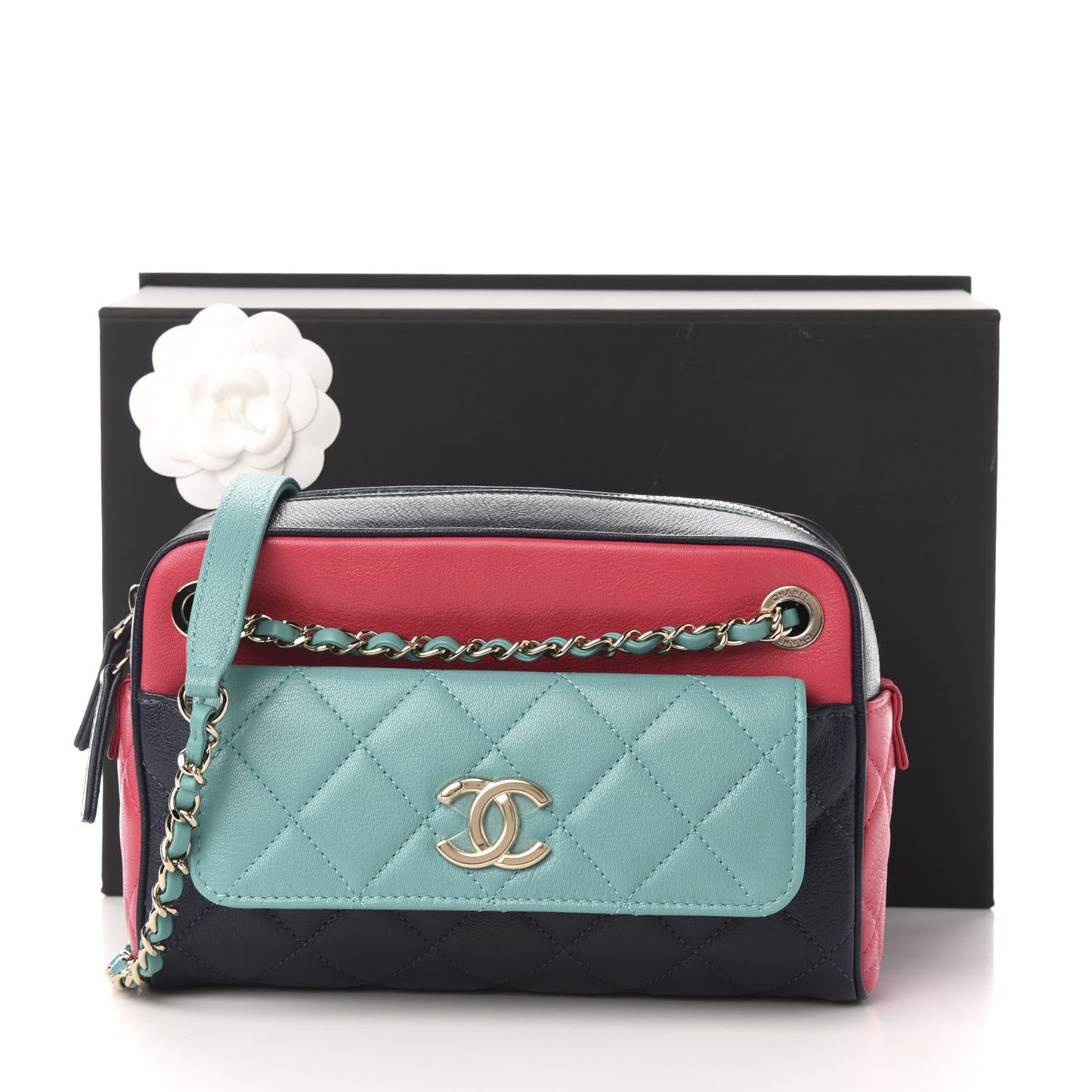Goatskin Quilted Tri-Color Small In & Out Camera Case Navy Turquoise Pink