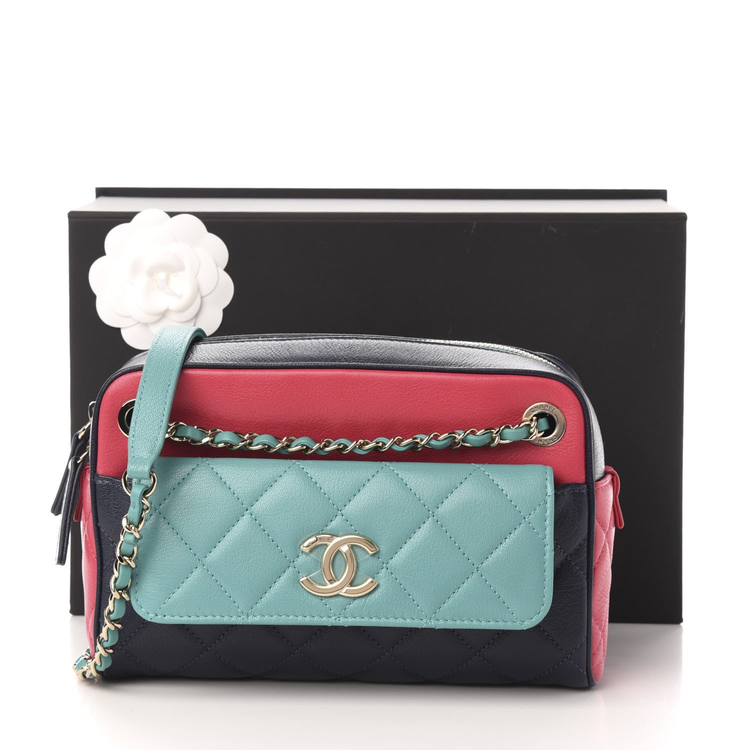 Chanel Goatskin Quilted Tri-Color Small In & Out Camera Case Navy Turquoise Pink 13 of 13