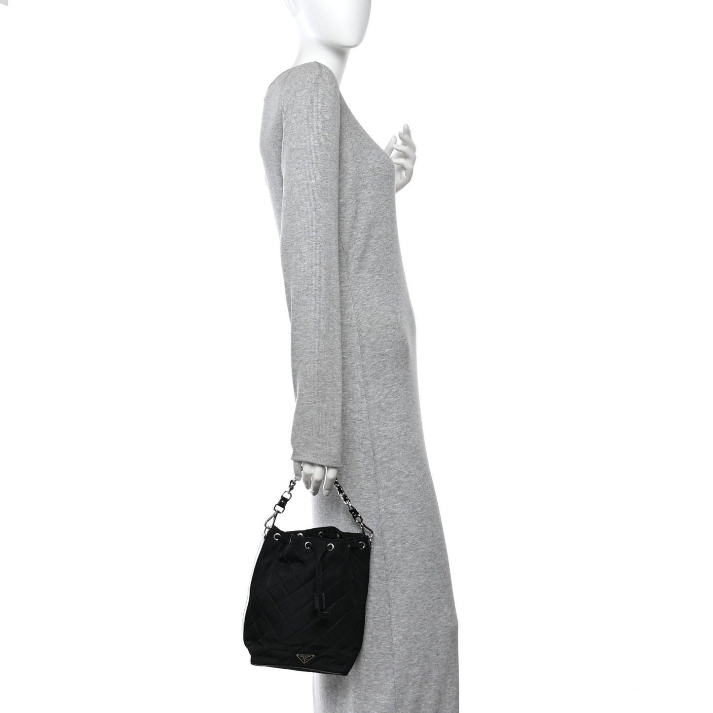 Tessuto Nylon Quilted Drawstring Bucket Bag Black