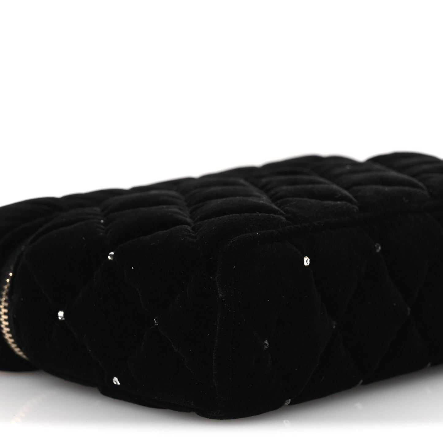 Velvet Diamanté Quilted Top Handle Slim Vanity Case With Chain Black