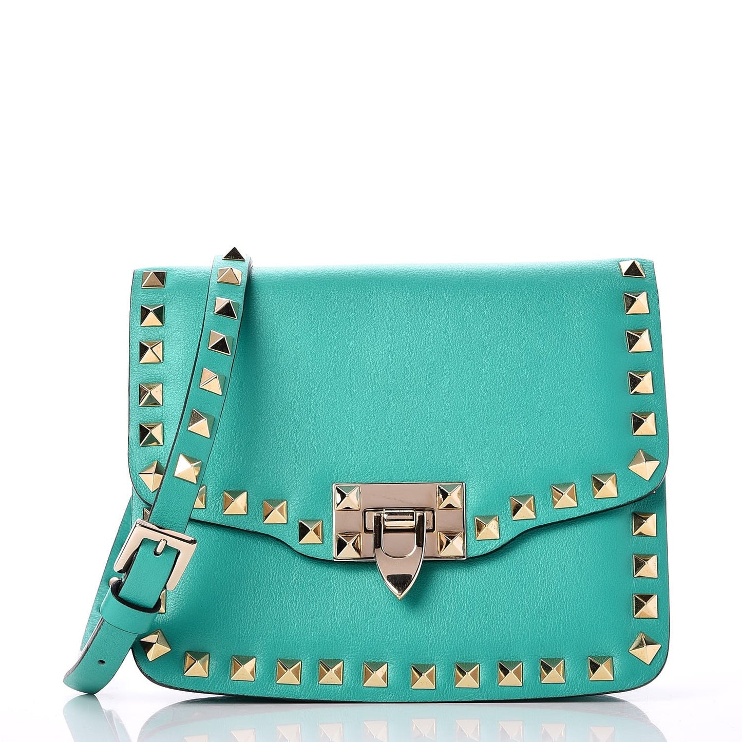 Vitello Small Rockstud Shoulder Flap Messenger Bag Opaline Green