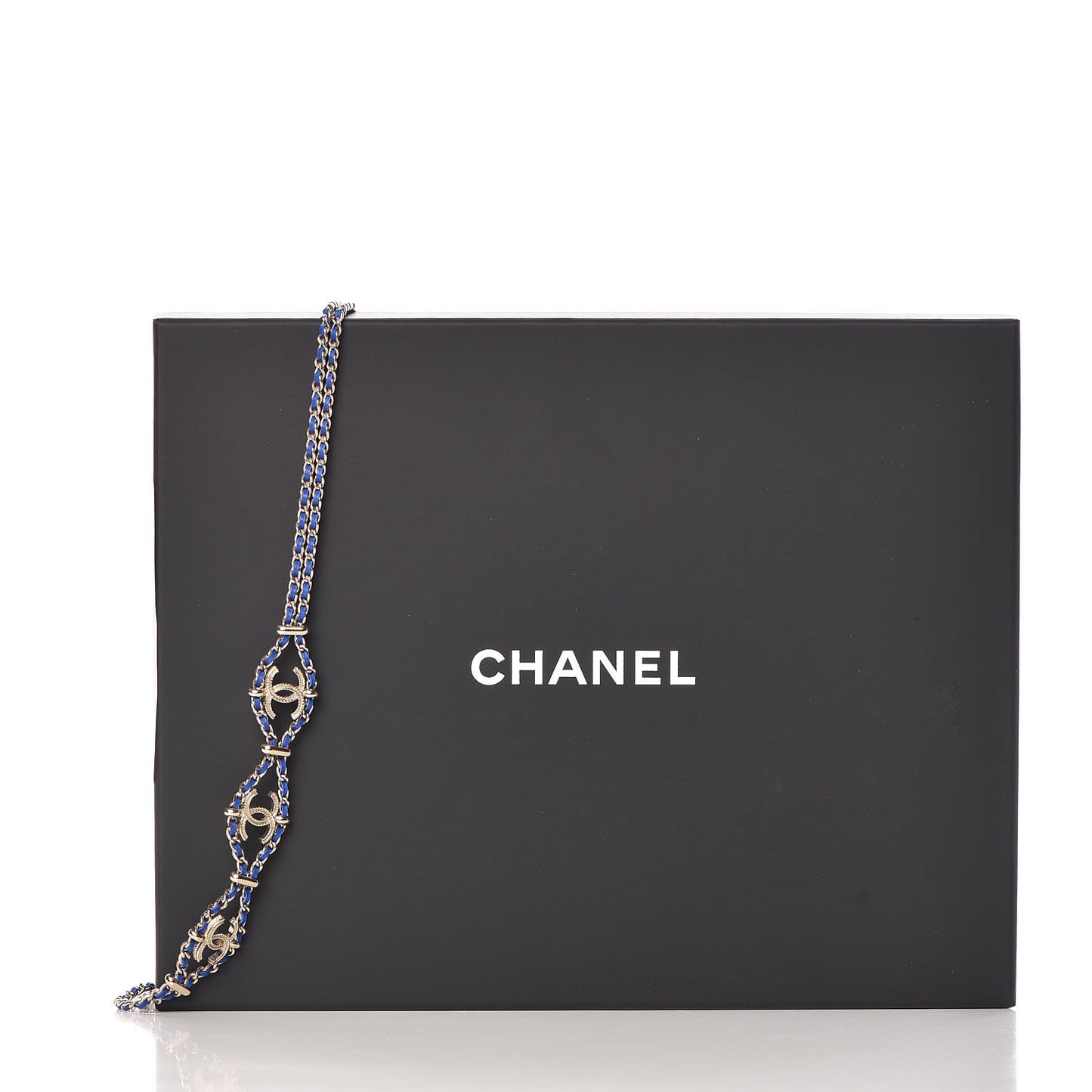 Metal Lambskin CC Chain Link Necklace Gold Blue