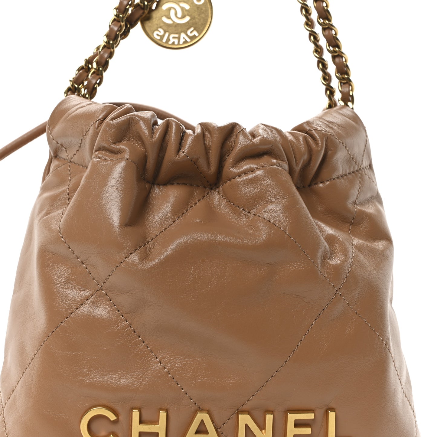 Shiny Calfskin Quilted Mini Chanel 22 Dark Beige