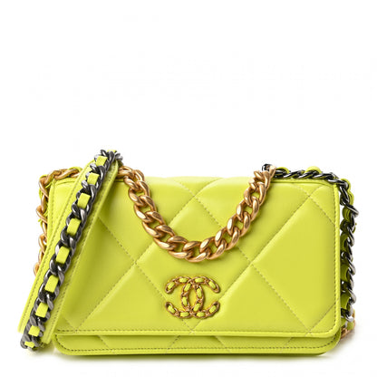 Chanel Shiny Lambskin Quilted Chanel 19 Wallet On Chain WOC Neon Yellow 1 of 12