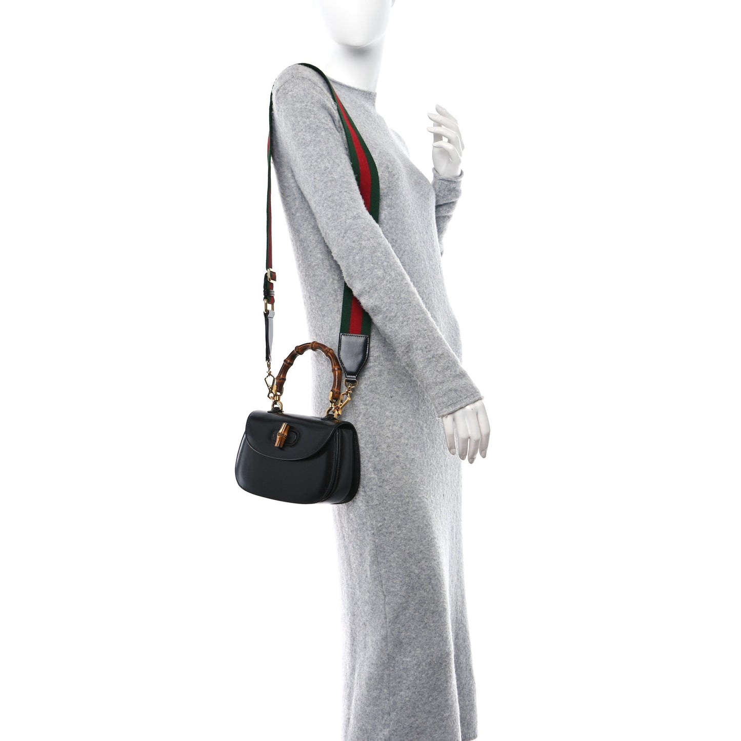 Boarded Dyana Lux Calfskin Web Small Bamboo 1947 Top Handle Bag Black