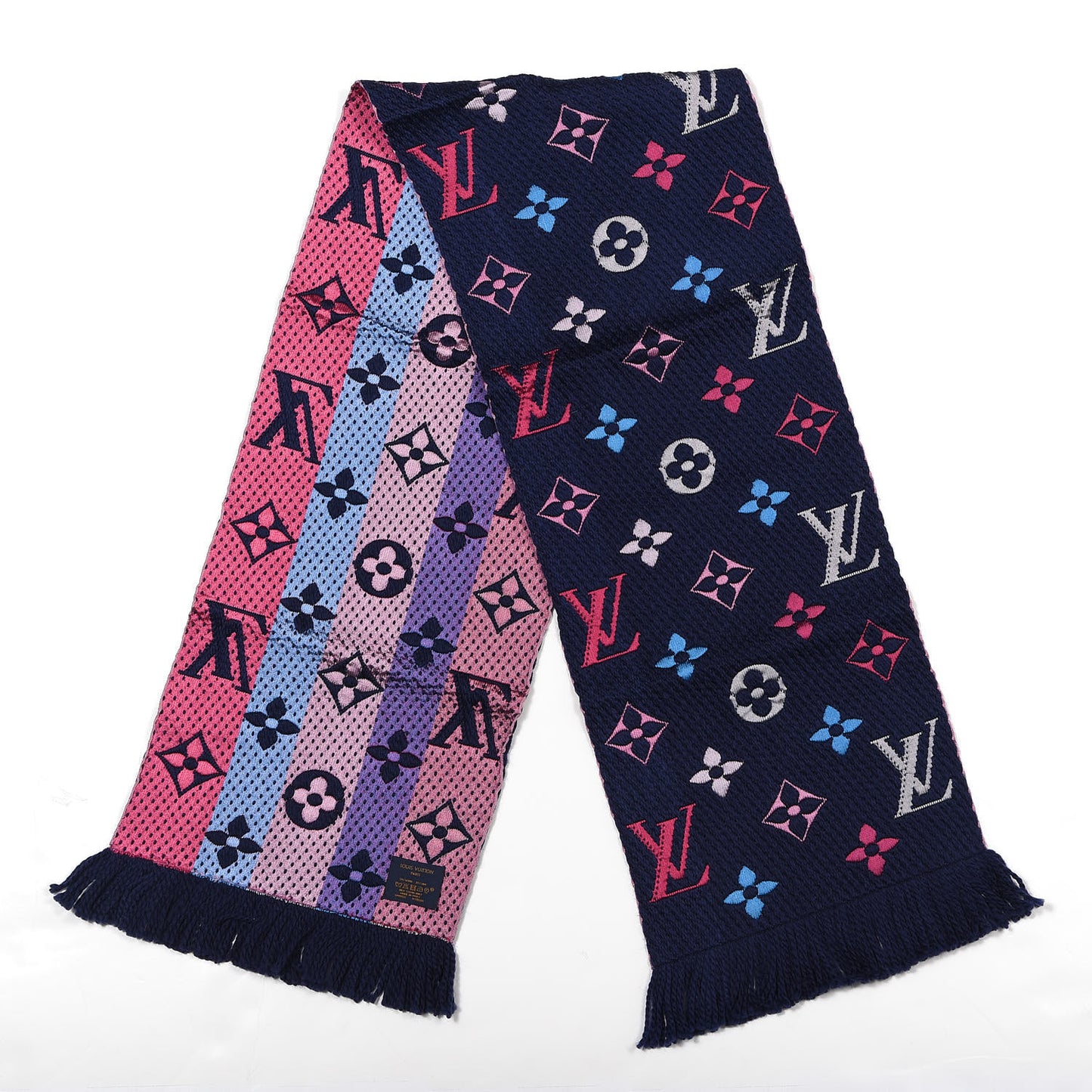 Wool Silk Rainbow Logomania Scarf Navy