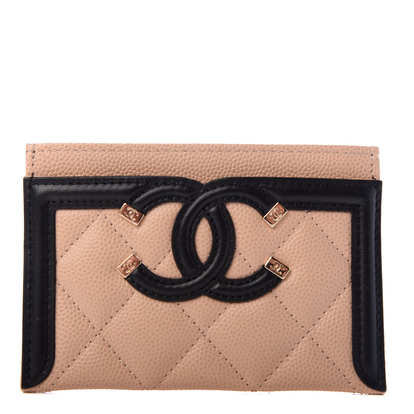 Caviar Quilted Filigree Card Holder Beige Black