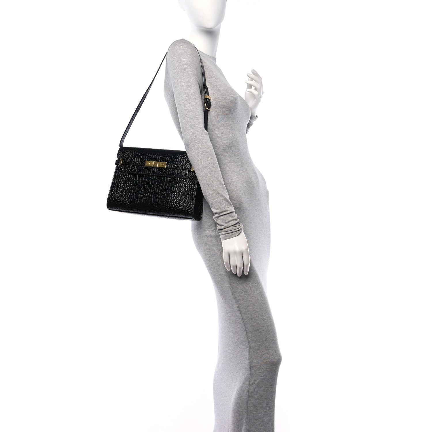 Saint Laurent Shiny Calfskin Crocodile Embossed Manhattan Baguette Black 2 of 10