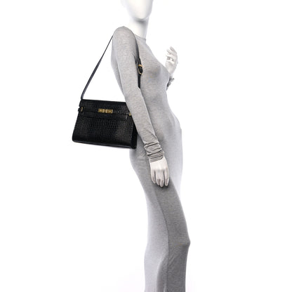 Saint Laurent Shiny Calfskin Crocodile Embossed Manhattan Baguette Black 2 of 10